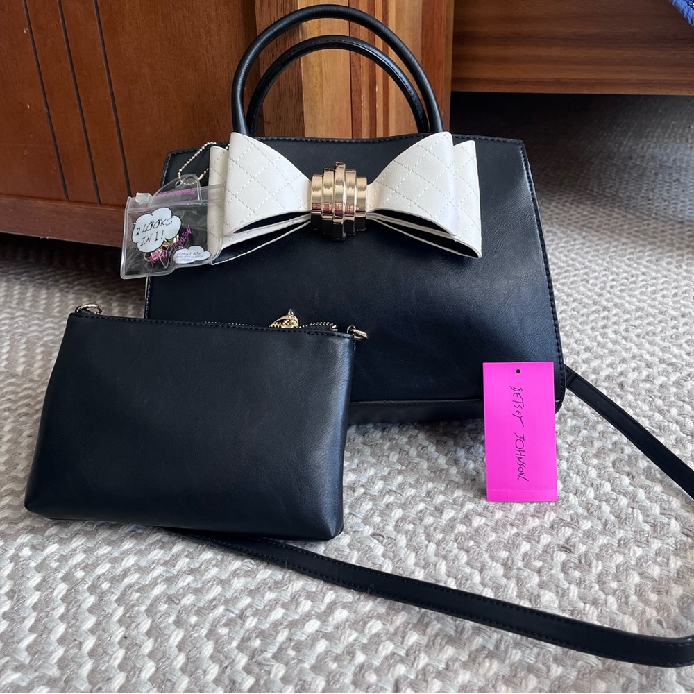 NWT!!!  Betsy Johnson Bow Satchel - 4 styles in one bag - black and ivory